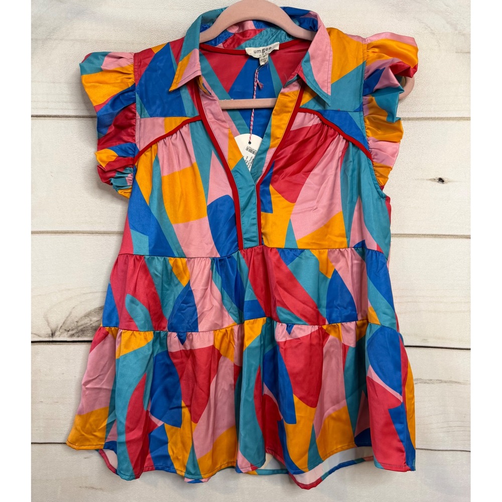 Umgee USA Magenta Blue Abstract Flutter Tiered Blouse Small R0352 NEW